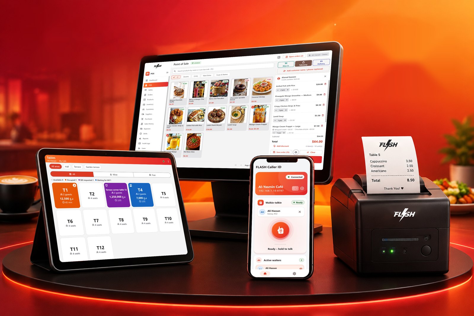 FLASH POS on a counter monitor, with a tablet and a phone running the FLASH apps and a receipt printer printing a FLASH receipt